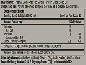 Talya Black Seed Oil Softgel with High Thymoquinone, Cold-Pressed from Non-GMO Turkish Black Cumin Nigella Sativa Seeds, No Glyphosate, 1000MG per Softgel