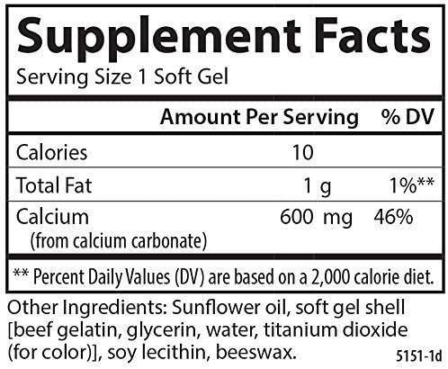 Carlson - Cal-600, 600 mg Calcium, Bone Support, Healthy Teeth &amp; Optimal Wellness, 100+30 Softgels
