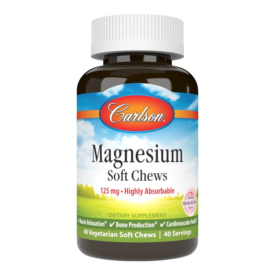 Carlson Magnesium Soft Chews 125 mg Highly Absorbable Muscle Relaxation & Overall Health - Berries & Creme Flavor - 40 Vegetarian Soft Chews