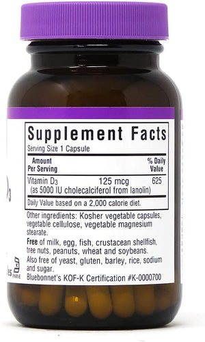 Bluebonnet Nutrition Vitamin D3, 5000 IU, 60 Vegetable Capsules