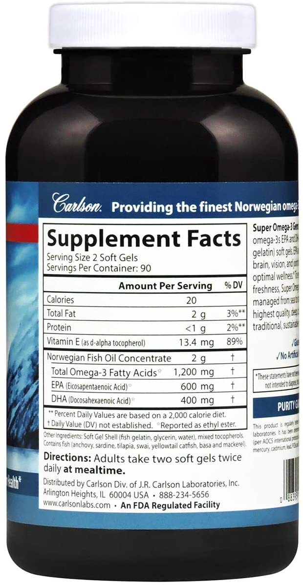 Carlson - Super Omega-3 Gems, 1200 mg Omega-3s, Cardiovascular Support, Brain Function &amp; Vision Health, Norwegian, 180 soft gels