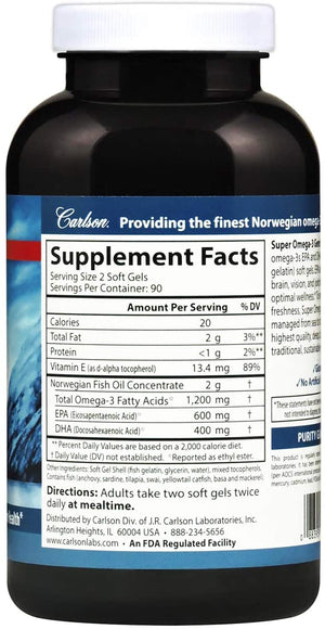 Carlson - Super Omega-3 Gems, 1200 mg Omega-3s, Cardiovascular Support, Brain Function & Vision Health, Norwegian, 180 soft gels