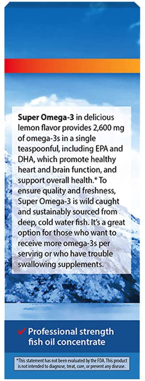 Carlson - Super Omega-3, 2600 mg Omega-3s, Omega-3 Liquid, Wild Caught Omega-3 Fish Oil Liquid Supplement, Omega-3 Supplement, Heart Health, Lemon, 100 mL (3.3 Fl Oz)