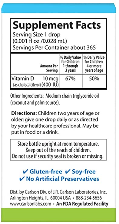 Carlson - Kid&#39;s Super Daily D3, Kids Vitamin D Drops, 400 IU (10 mcg) per Drop, Heart Health, Immune Support, Vegetarian, Liquid Vitamin D Drops, Unflavored, 365 Drops