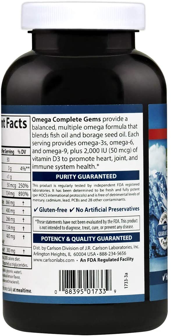 Carlson - Omega Complete Gems, Omega-3-6-9, Wild Caught, Sustainably Sourced, Heart Health, Joint Function &amp; Immune Support, 180 Softgels