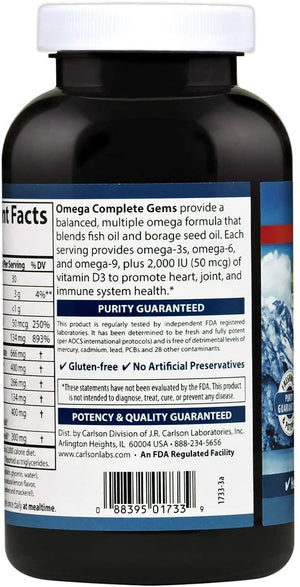 Carlson - Omega Complete Gems, Omega-3-6-9, Wild Caught, Sustainably Sourced, Heart Health, Joint Function & Immune Support, 180 Softgels