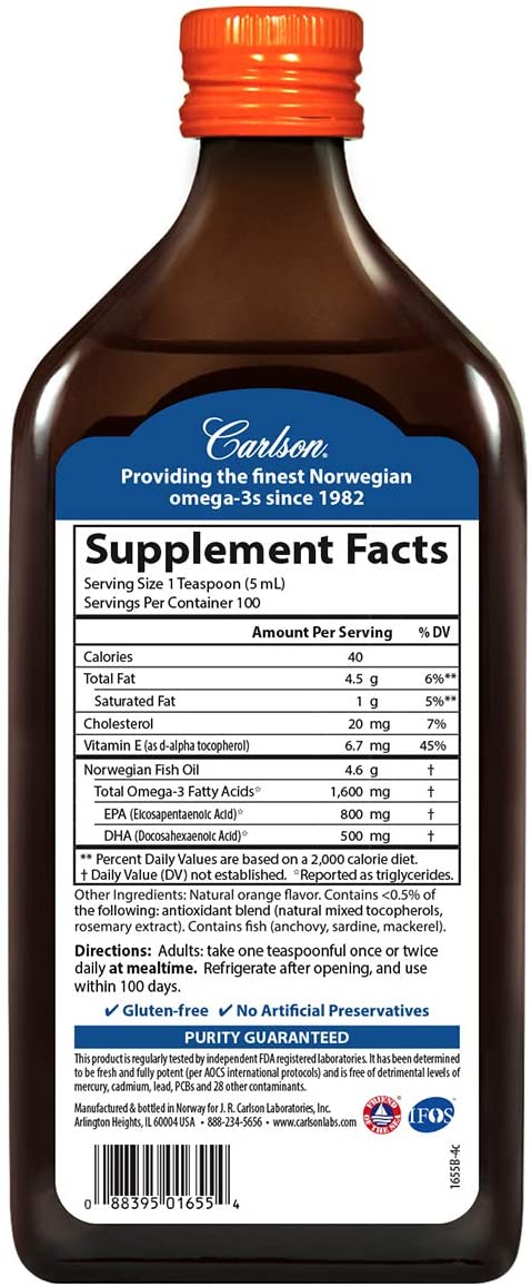 Carlson - The Very Finest Fish Oil, 1600 mg Omega-3s, Liquid Fish Oil Supplement, Norwegian Fish Oil, Wild-Caught, Sustainably Sourced Fish Oil Liquid, Orange, 16.9 Fl Oz