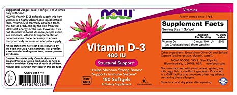 NOW Supplements, Vitamin D-3 400 IU, Strong Bones*, Structural support*, 180 Softgels