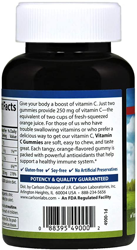 Carlson - Vitamin C Gummies, 250 mg, Immune Support &amp; Antioxidant Power, Optimal Wellness, Orange, 60 Vegetarian Gummies