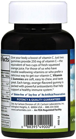 Carlson - Vitamin C Gummies, 250 mg, Immune Support & Antioxidant Power, Optimal Wellness, Orange, 60 Vegetarian Gummies