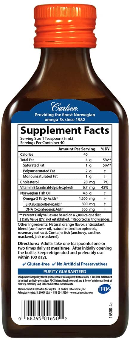 Carlson - The Very Finest Fish Oil, 1600 mg Omega-3s, Liquid Fish Oil Supplement, Norwegian Fish Oil, Wild-Caught, Sustainably Sourced Fish Oil Liquid, Orange, 6.7 Fl Oz