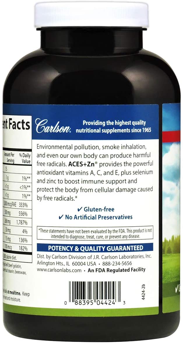 Carlson - ACES + Zn, Vitamins A, C, E + Selenium &amp; Zinc, Multivitamin with Zinc, Cellular Health &amp; Immune Support, Selenium Multivitamin, Antioxidant, 360 Softgels