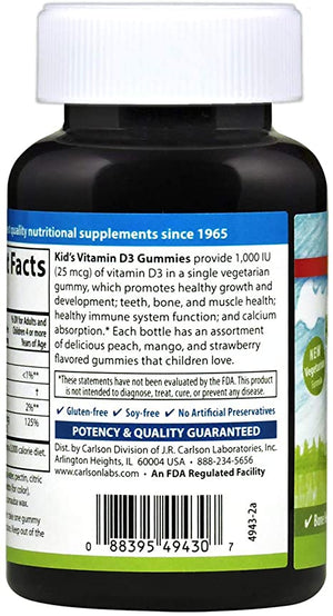 Carlson Kid's Vitamin D3 Gummies Natural Fruit, 1000 IU, 60 Gummies