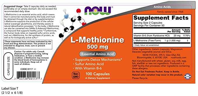 NOW Foods Supplements, L-Methionine 500 mg with Vitamin B-6, Supports Detoxification*, Amino Acid, 100 Capsules