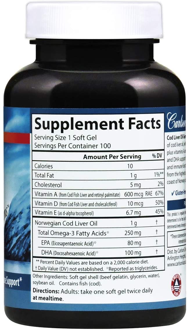 Carlson - Cod Liver Oil, Super 1000 mg + Vitamins A &amp; D3, Wild Norwegian, Sustainably Sourced, 100 Softgels