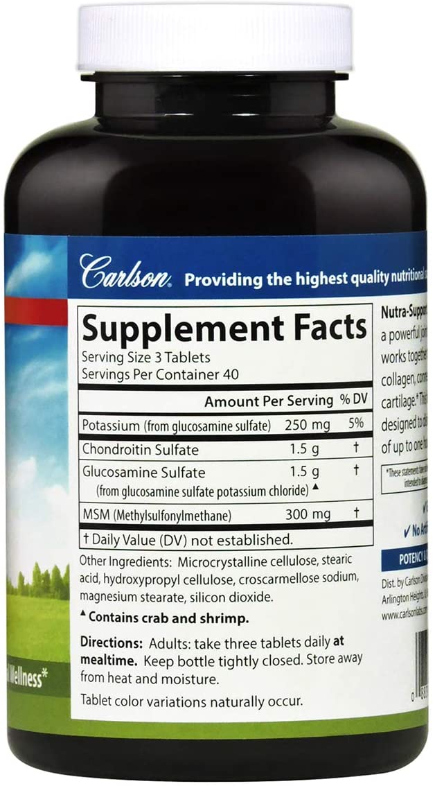 Carlson - Nutra-Support, Glucosamine Chondroitin & MSM, Joint Function, Cartilage Support & Optimal Wellness, 120 tablets