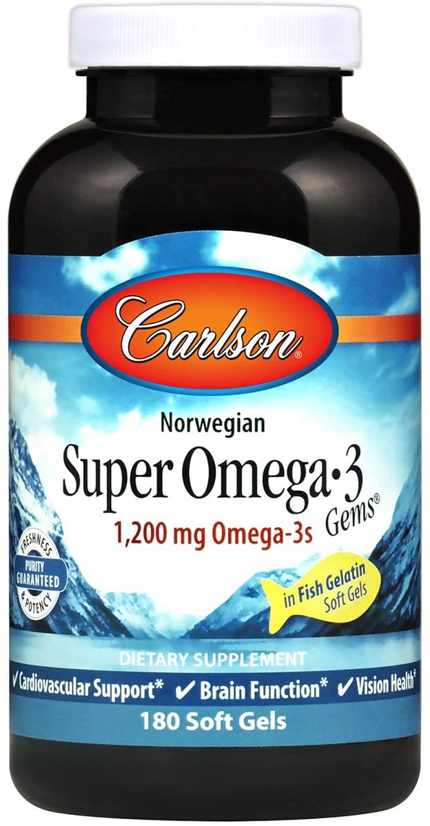 Carlson - Super Omega-3 Gems, 1200 mg Omega-3s, Cardiovascular Support, Brain Function &amp; Vision Health, Norwegian, 180 soft gels