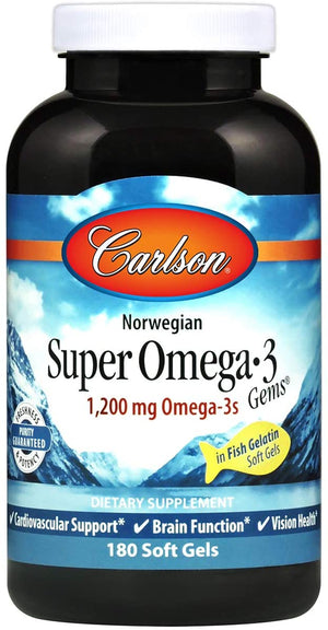 Carlson - Super Omega-3 Gems, 1200 mg Omega-3s, Cardiovascular Support, Brain Function & Vision Health, Norwegian, 180 soft gels