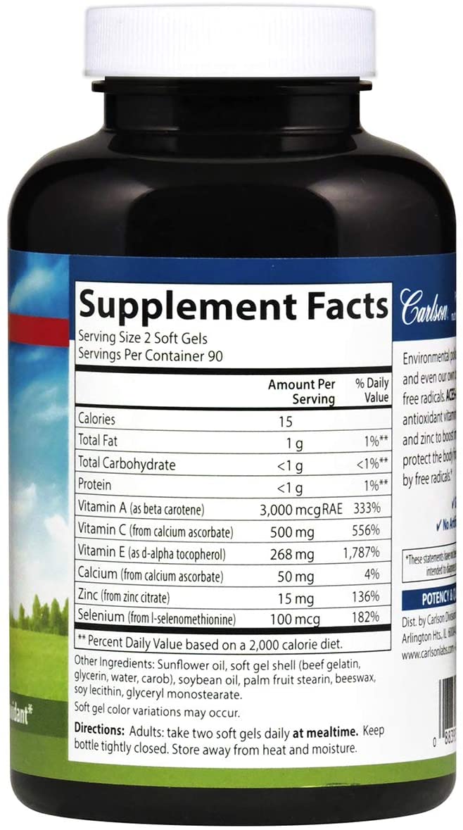 Carlson - ACES + Zn, Vitamins A, C, E + Selenium &amp; Zinc, Cellular Health &amp; Immune Support, Antioxidant, 180 Softgels