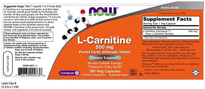 NOW Foods Supplements, L-Carnitine 500mg, Purest Form, Amino Acid, Fitness Support*, 180 Veg Capsules