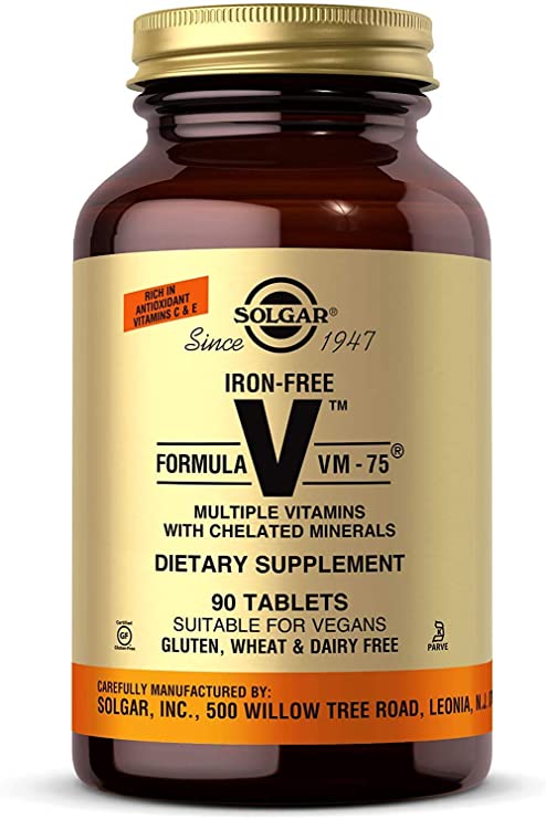 Solgar Iron-Free Formula VM-75, 90 Tablets - Multivitamin with Chelated Minerals - Vitamin A, B6, B12, C, D, E - Biotin, Magnesium, Calcium, Zinc - Vegan, Gluten &amp; Dairy Free, Kosher - 90 Servings