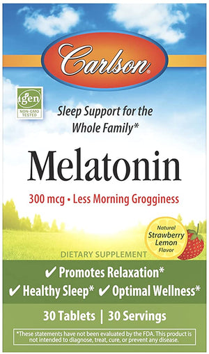 Carlson - Melatonin, 300 mcg, Healthy Sleep, Promotes Relaxation, Natural Strawberry-Lemon Flavor, 30 Chewable Tablets