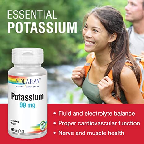 Solaray Potassium 99 mg - Electrolyte Balance Formula - Potassium Supplement for Electrolytes, Vascular and Heart Health Support - 60-Day Money Back Guarantee, Lab Verified, 100 Servings, 100 VegCaps