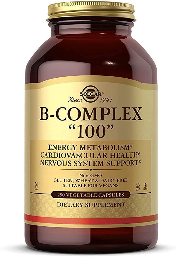 Solgar B-Complex &quot;100&quot;, 250 Vegetable Capsules - Nervous System Support - Supports Energy Metabolism - Non-GMO, Vegan, Gluten Free, Dairy Free, Kosher - 250 Serving