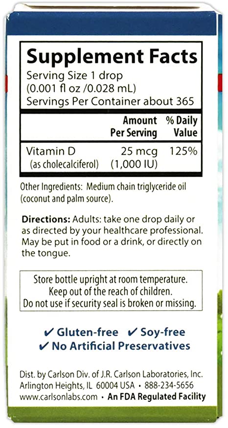 Carlson - Super Daily D3, Vitamin D Drops, 1,000 IU (25 mcg) per Drop, 1-Year Supply, Vitamin D3 Liquid, Heart &amp; Immune Health, Vegetarian, Liquid Vitamin D3 Drops, Unflavored, 365 Drops