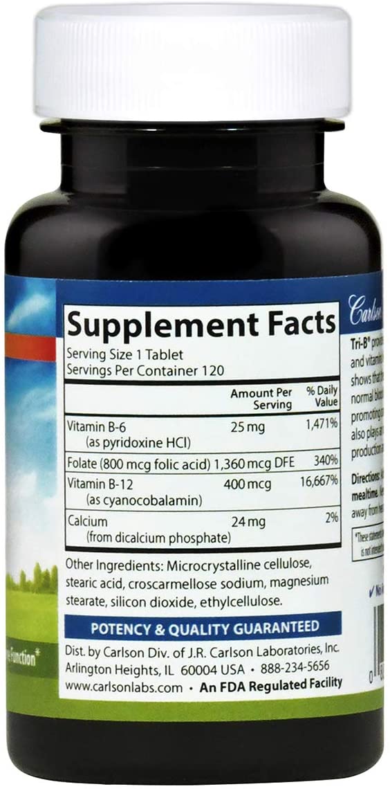 Carlson - Tri-B, Vitamin B Complex, 25 mg Vitamin B-6, 400 mcg Vitamin B-12, Folic Acid Energy Pills, Promote Cardiovascular Health, B Complex Vitamins, B12 Supplement, B Vitamin Complex, 120 Tablets
