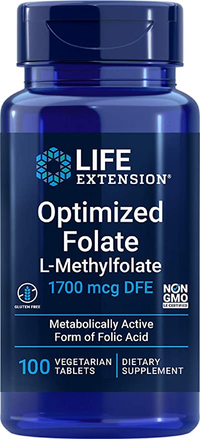 Life Extension Optimized Folate – L-methylfolate – Heart & Brain Support, Healthy Homocysteine Levels – Non-GMO, Gluten-Free, Vegetarian – 1700 mcg DFE, 100 Vegetarian Tablets