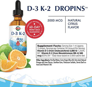 KAL D-3 K-2 DropIns 5000 IU (500 MCG) | Healthy Bones, Heart & Immune Support | Citrus Flavor | 59 Servings, 2 FL OZ
