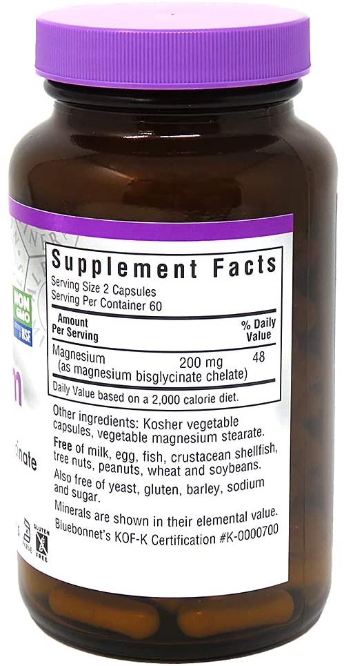 Bluebonnet Nutrition Albion Chelated Magnesium Vegetable Capsule, 200 mg, Stress Relief, Vegan, Non GMO, Gluten Free, Soy Free, Milk Free, Kosher, 120 Vegetable Capsule, 2 Month Supply