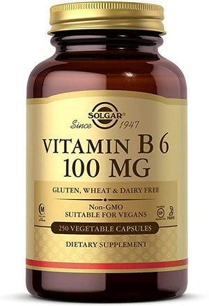 Solgar Vitamin B6 100 mg, 250 Vegetable Capsules - Supports Energy Metabolism, Heart Health & Healthy Nervous System - Non-GMO, Vegan, Gluten Free, Dairy Free, Kosher, Halal - 250 Servings