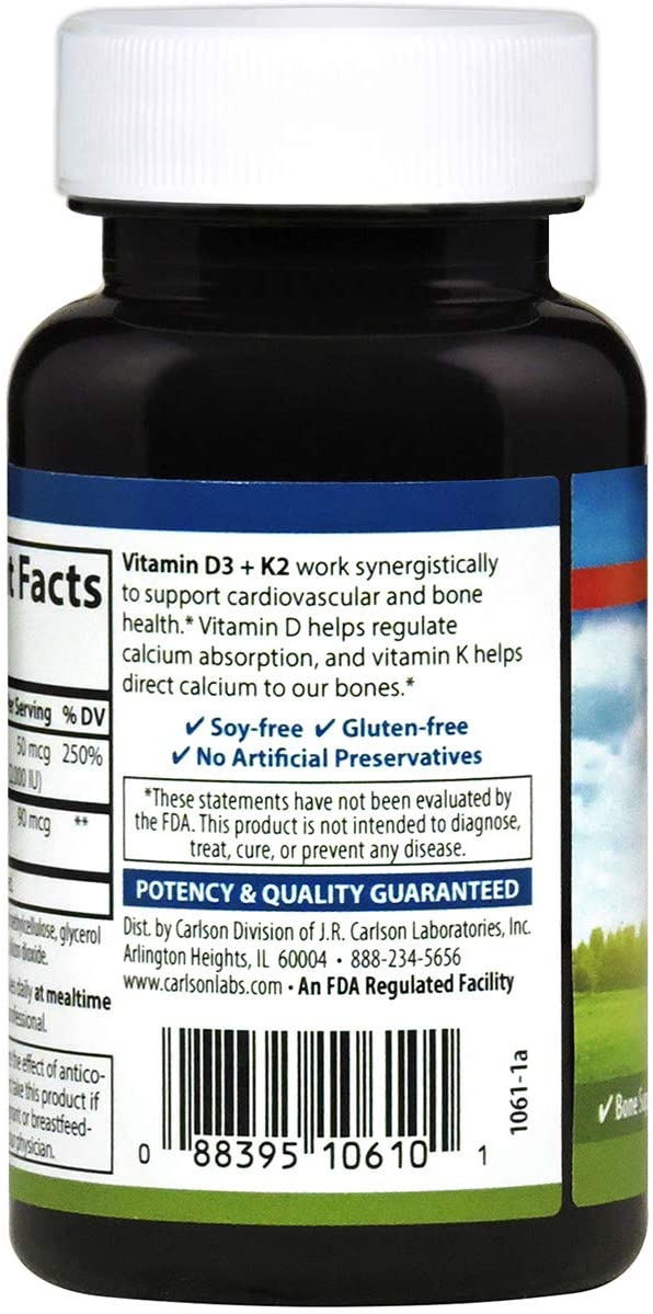 Carlson - Vitamin D3 + K2, 50 mcg (2000 IU) Vitamin D3 &amp; 90 mcg Vitamin K2 as MK7, Bone Support, Calcium Absorption, 60 Capsules