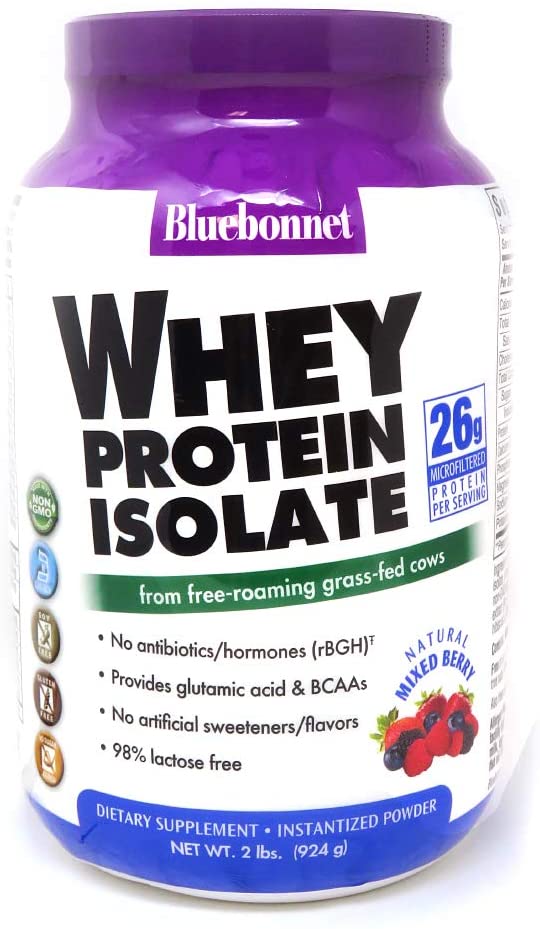 Bluebonnet Nutrition Whey Protein Isolate Powder, Whey From Grass Fed Cows, 26g of Protein, No Sugar Added, Non GMO, Gluten Free, Soy free, kosher Dairy, 2 Lbs, 28 Servings, Mixed Berry Flavor