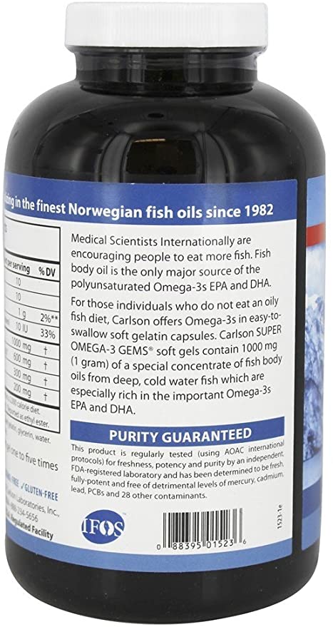 Carlson - Super Omega-3 Gems, 1200 mg Omega-3 Fatty Acids with EPA and DHA, Wild-Caught Norwegian Fish Oil Supplement, Sustainably Sourced Capsules 300 Softgels