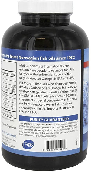 Carlson - Super Omega-3 Gems, 1200 mg Omega-3 Fatty Acids with EPA and DHA, Wild-Caught Norwegian Fish Oil Supplement, Sustainably Sourced Fish Oil Capsules, Omega 3 Supplements, 300 Softgels