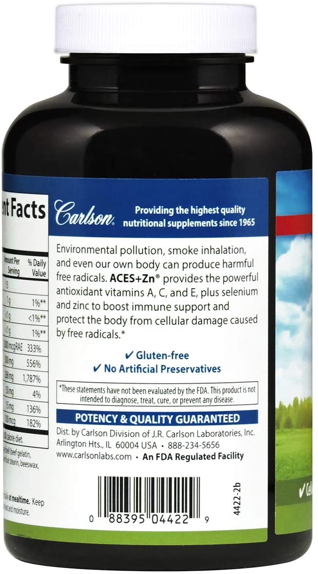 Carlson - ACES + Zn, Vitamins A, C, E + Selenium &amp; Zinc, Cellular Health &amp; Immune Support, Antioxidant, 180 Softgels