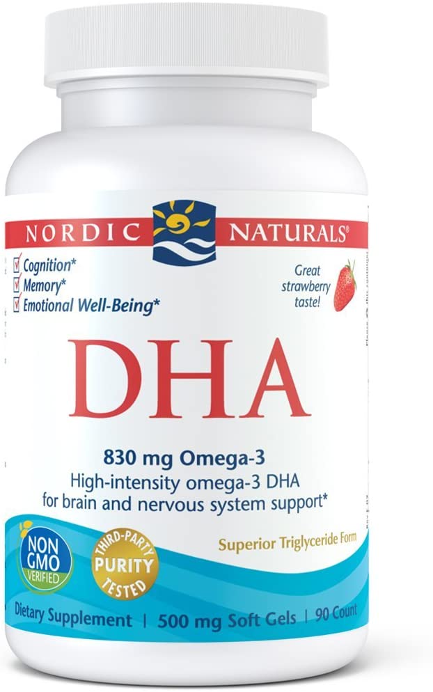 Nordic Naturals DHA, Strawberry - 90 Soft Gels - 830 mg Omega-3 - High-Intensity DHA Formula for Brain &amp; Nervous System Support - Non-GMO - 45 Servings