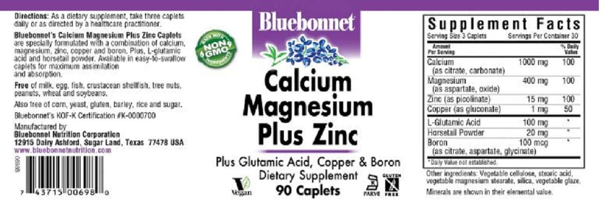 BlueBonnet Calcium Magnesium Zinc Caplets, 90 Count