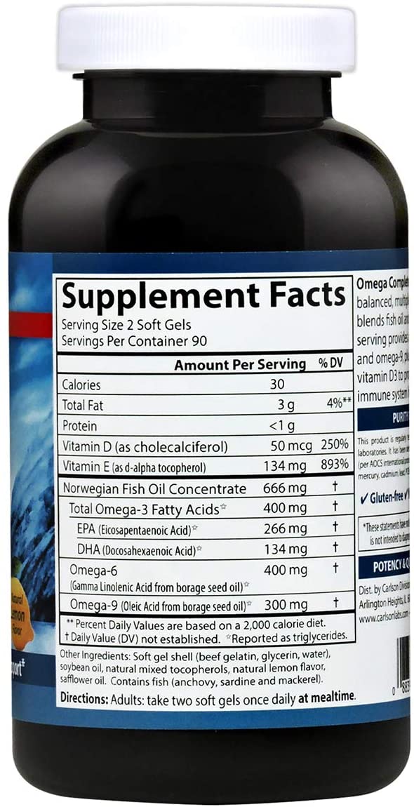 Carlson - Omega Complete Gems, Omega-3-6-9, Wild Caught, Sustainably Sourced, Heart Health, Joint Function &amp; Immune Support, 180 Softgels