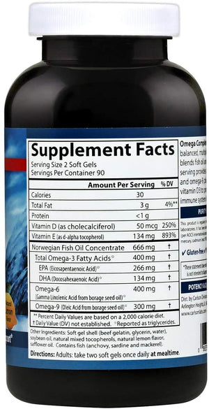 Carlson - Omega Complete Gems, Omega-3-6-9, Wild Caught, Sustainably Sourced, Heart Health, Joint Function & Immune Support, 180 Softgels
