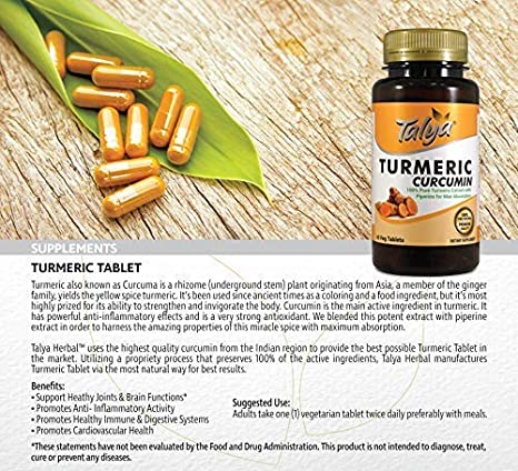 Talya Turmeric - Curcumin with Piperine Extract for Maximum Absorption - Highest Potency Available. Premium Pain Relief &amp; Joint Support with 95% Standardized Curcuminoids Non-GMO - Gluten Free Tablets