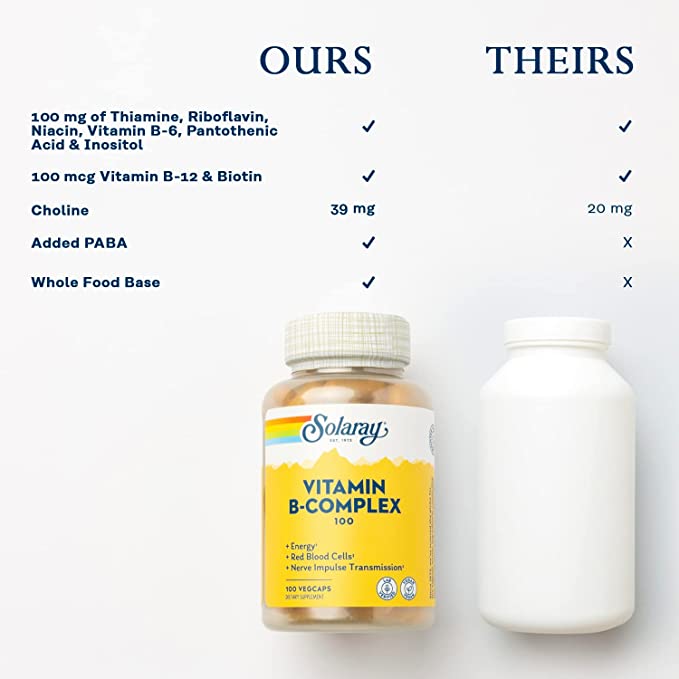 Solaray Vitamin B-Complex 100 mg, Healthy Energy, Blood Cell Formation &amp; Nerve Impulse Transmission Support, 100 VegCaps (100 Count)