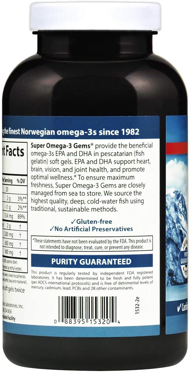 Carlson - Super Omega-3 Gems, 1200 mg Omega-3s, Cardiovascular Support, Brain Function &amp; Vision Health, Norwegian, 180 soft gels