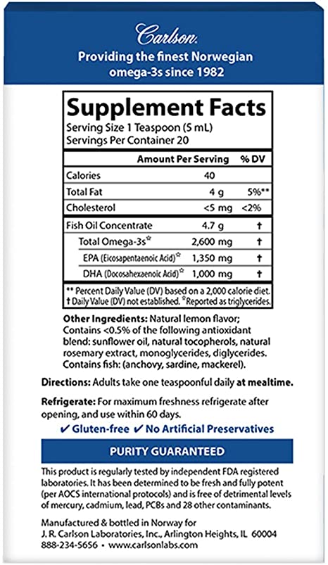 Carlson - Super Omega-3, 2600 mg Omega-3s, Omega-3 Liquid, Wild Caught Omega-3 Fish Oil Liquid Supplement, Omega-3 Supplement, Heart Health, Lemon, 100 mL (3.3 Fl Oz)