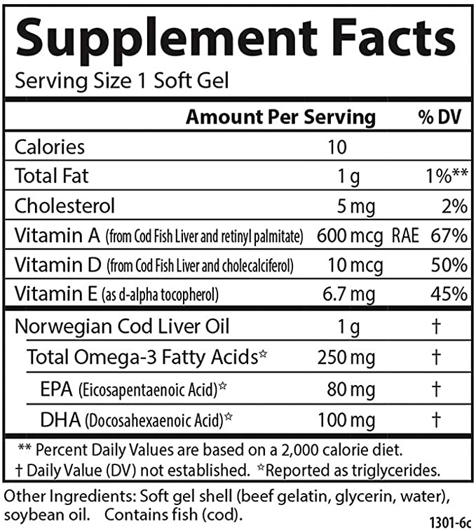 Carlson - Cod Liver Oil, Super 1000 mg + Vitamins A &amp; D3, Wild Norwegian, Sustainably Sourced, 100 Softgels