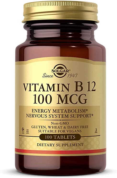 Solgar Vitamin B12 100 mcg - 100 Tablets - Energy Metabolism &amp; Nervous System Support - Non-GMO, Vegan, Gluten &amp; Dairy Free, Kosher, Halal - 100 Servings