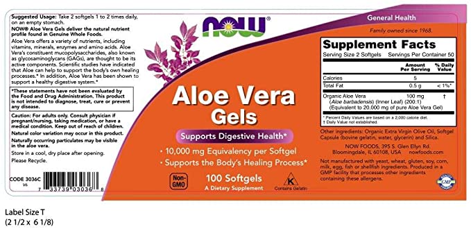 NOW Foods Aloe Vera Gels, 100 Softgels